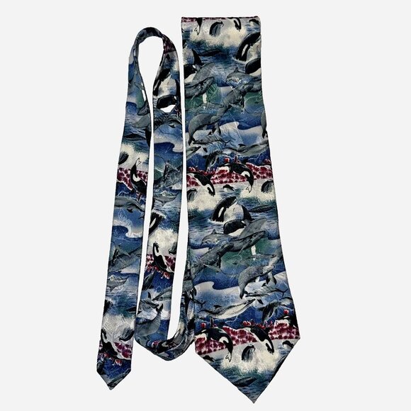 Wembley Endangered Specie Orca Silk Tie USA  Marine Life Statement Accessory VTG - Picture 2 of 6